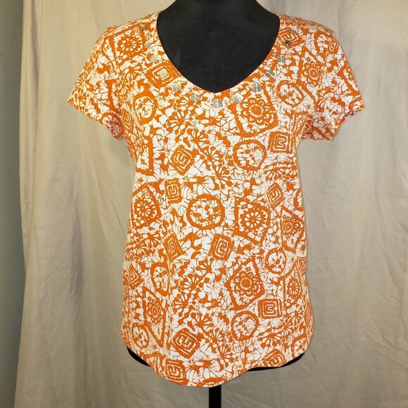 Ruby Rd. Tops - Ruby Rd Orange & White Patterned Blouse w/Embellishments - Size M
